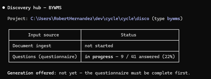 Discovery hub showing document ingest not started and the questionnaire in progress at 9 of 41 questions answered, with generation not yet offered