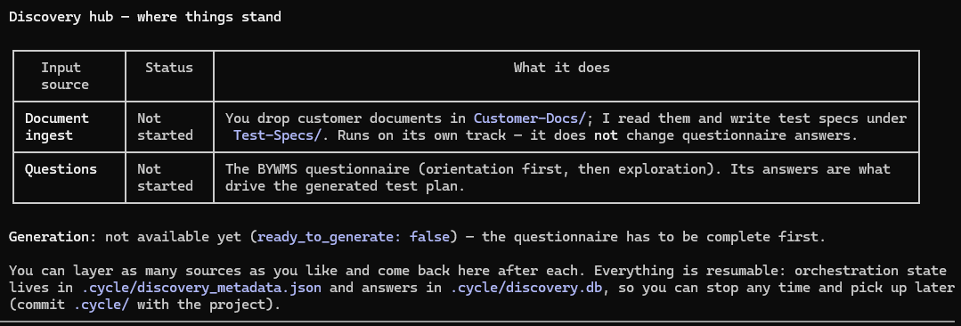 Discovery hub listing document ingest and questions, both not started, with generation reported as not yet available