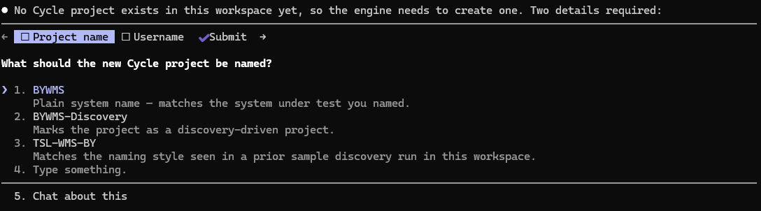 The agent reporting that no Cycle project exists and asking what the new project should be named, offering three suggestions and a free-text option