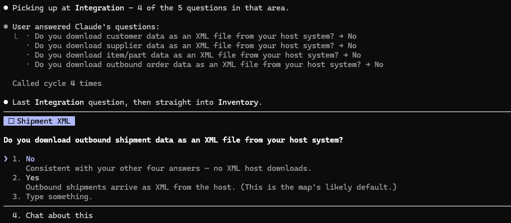 Four Integration questions answered in a single batch, followed by the next question in the same section with its answer options