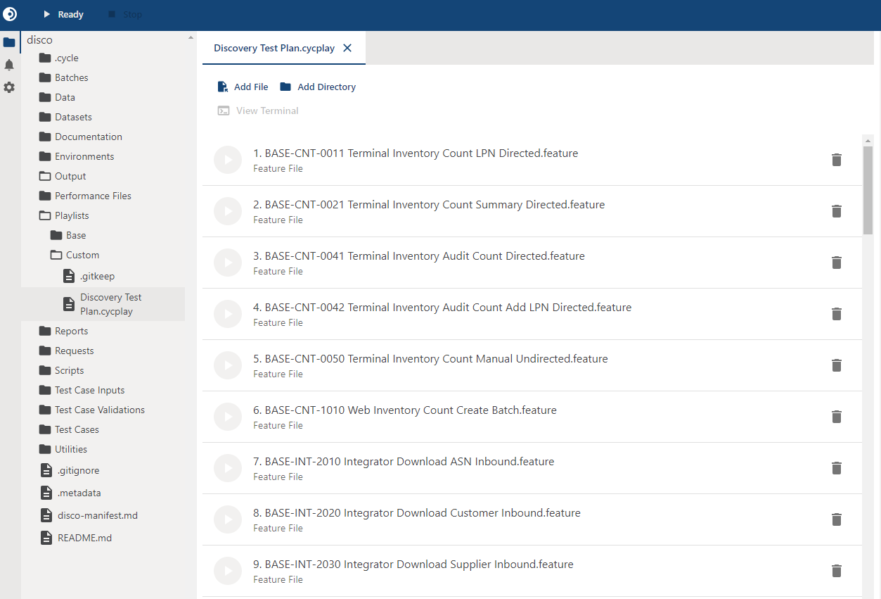 Discovery Test Plan.cycplay selected under Playlists/Custom in the Cycle project tree, with the playlist editor open beside it listing its Feature File entries in order