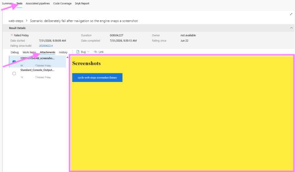 Azure DevOps Tests tab with the Attachments pane open, showing a captured screenshot previewed inline beside the console output log