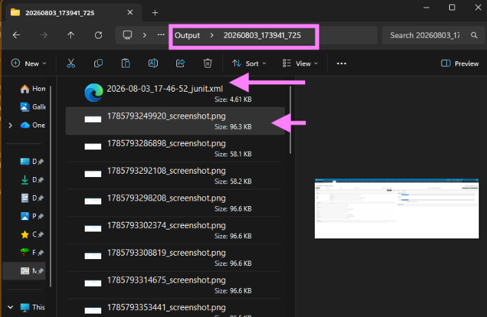 A timestamped run directory under Output, holding the JUnit XML report alongside the screenshots captured during that run