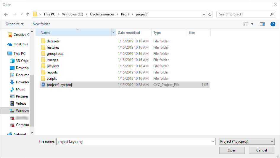 Open project dialog