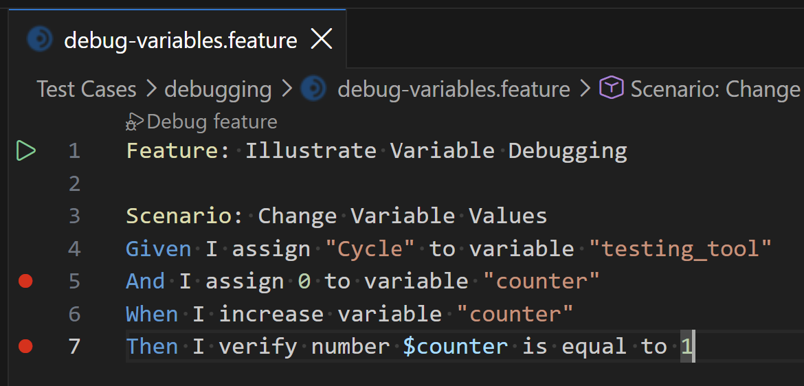 Red breakpoint dots in the editor gutter beside two steps in a Feature File