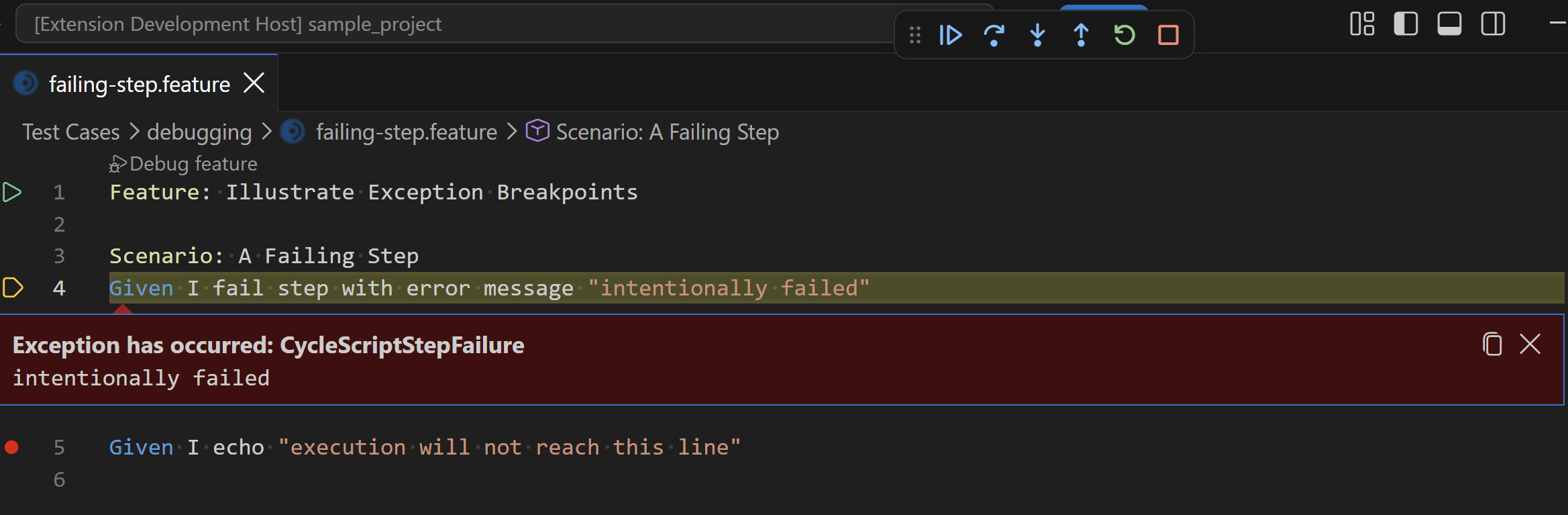 Failing step highlighted with the exception panel showing CycleScriptStepFailure and the step error message