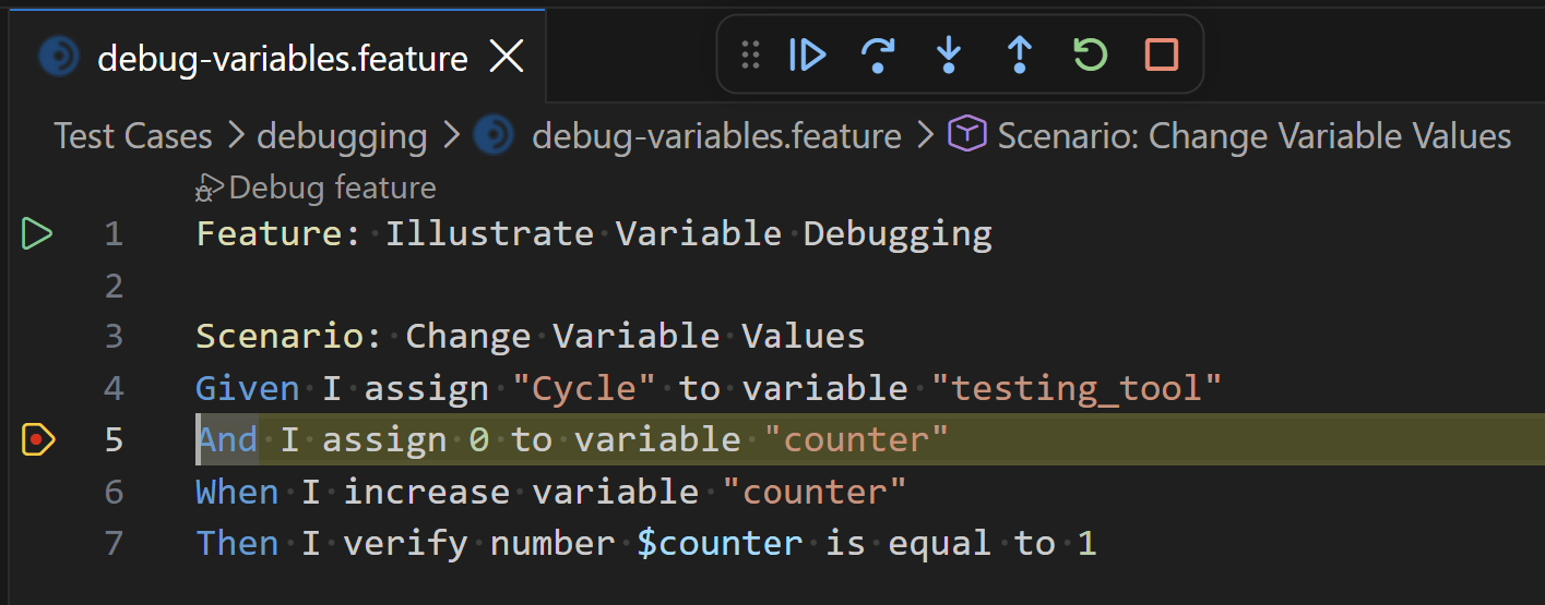 Debug toolbar above the editor while a Cycle debug session is paused on a step