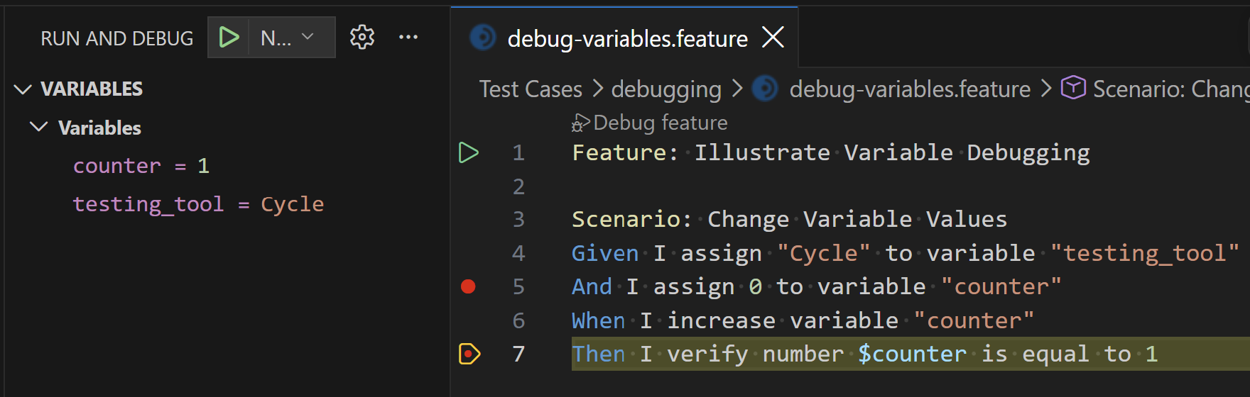Variables section listing CycleScript variable names and values while execution is paused