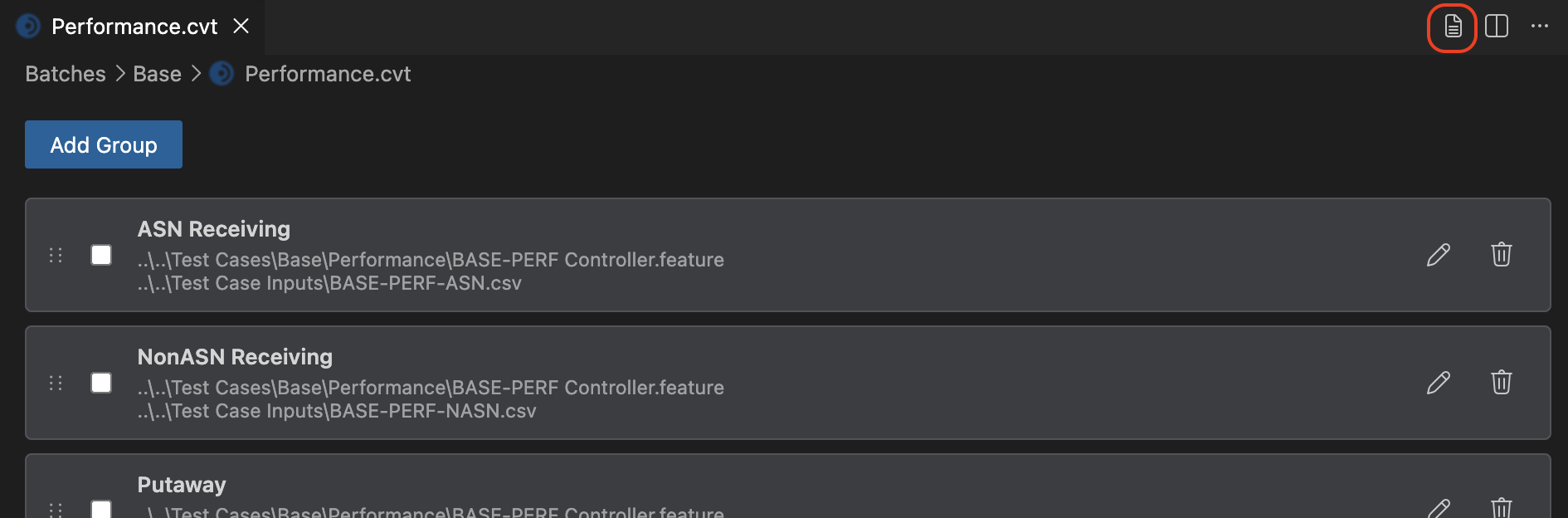Open Text Editor button in the group test editor title bar