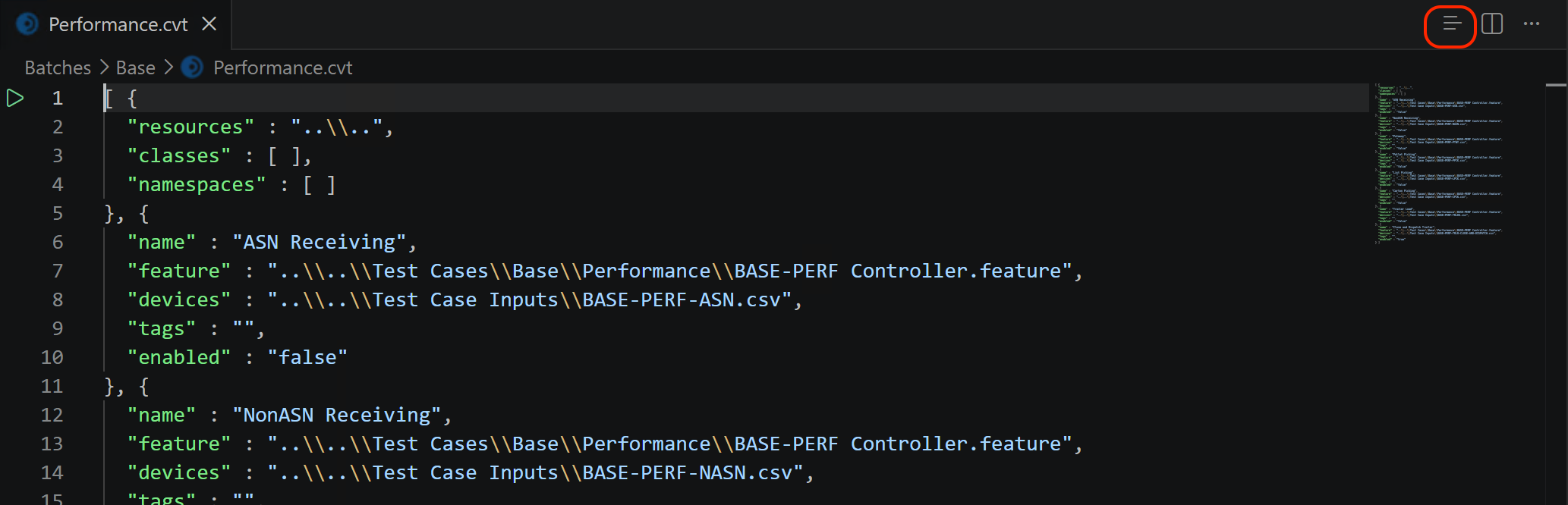 Open Group Test Editor button in the text editor title bar