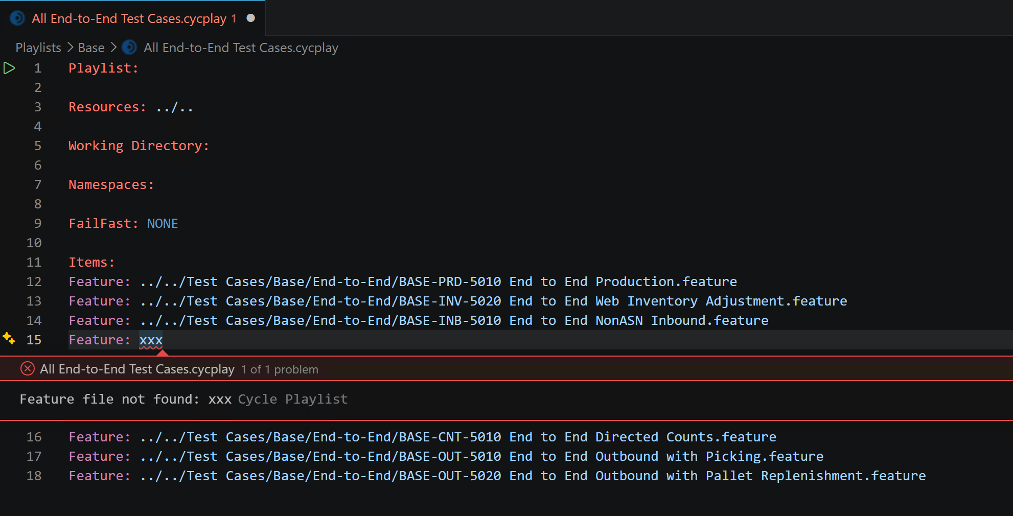 Playlist semantic error for a missing feature file