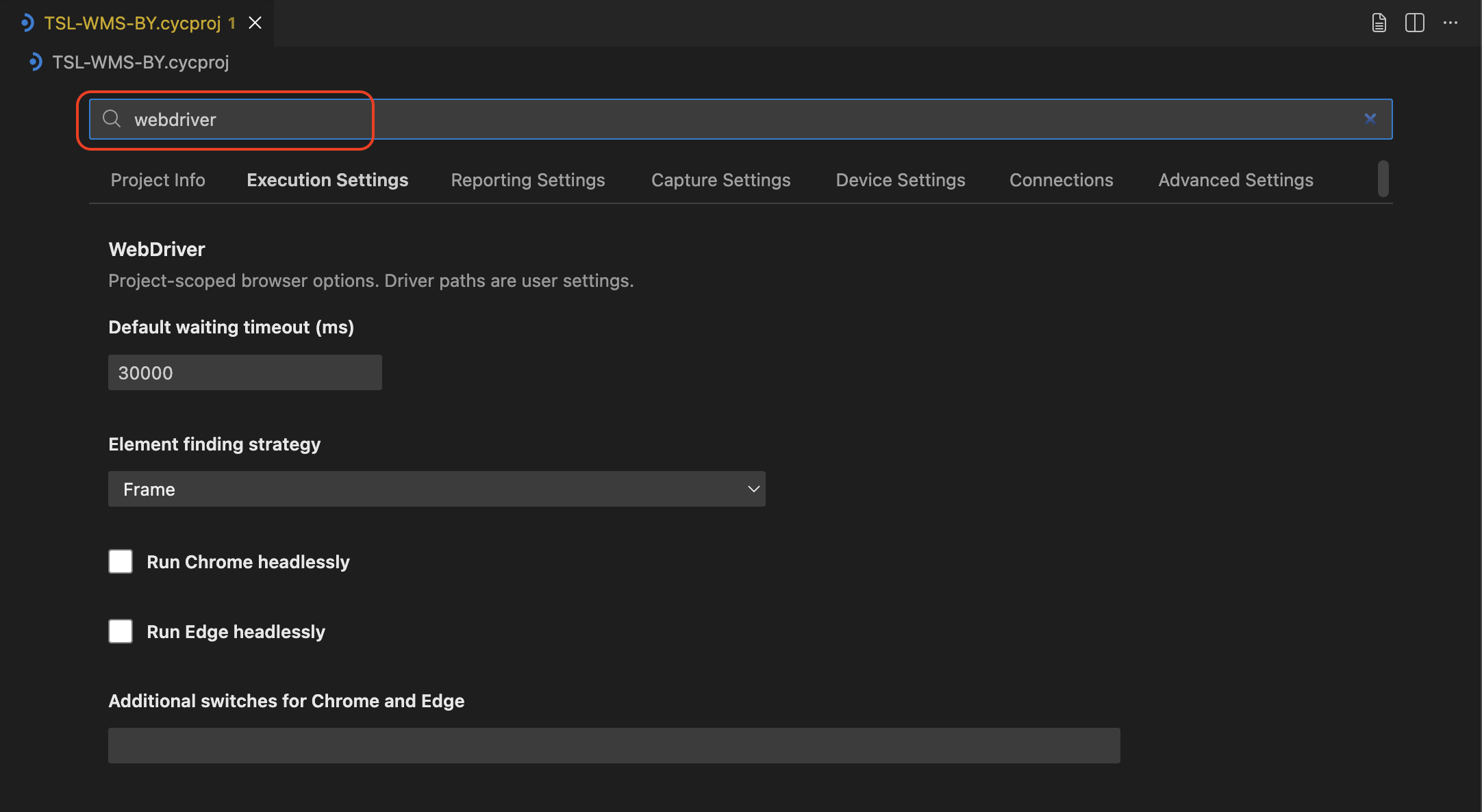 Project Settings Search
