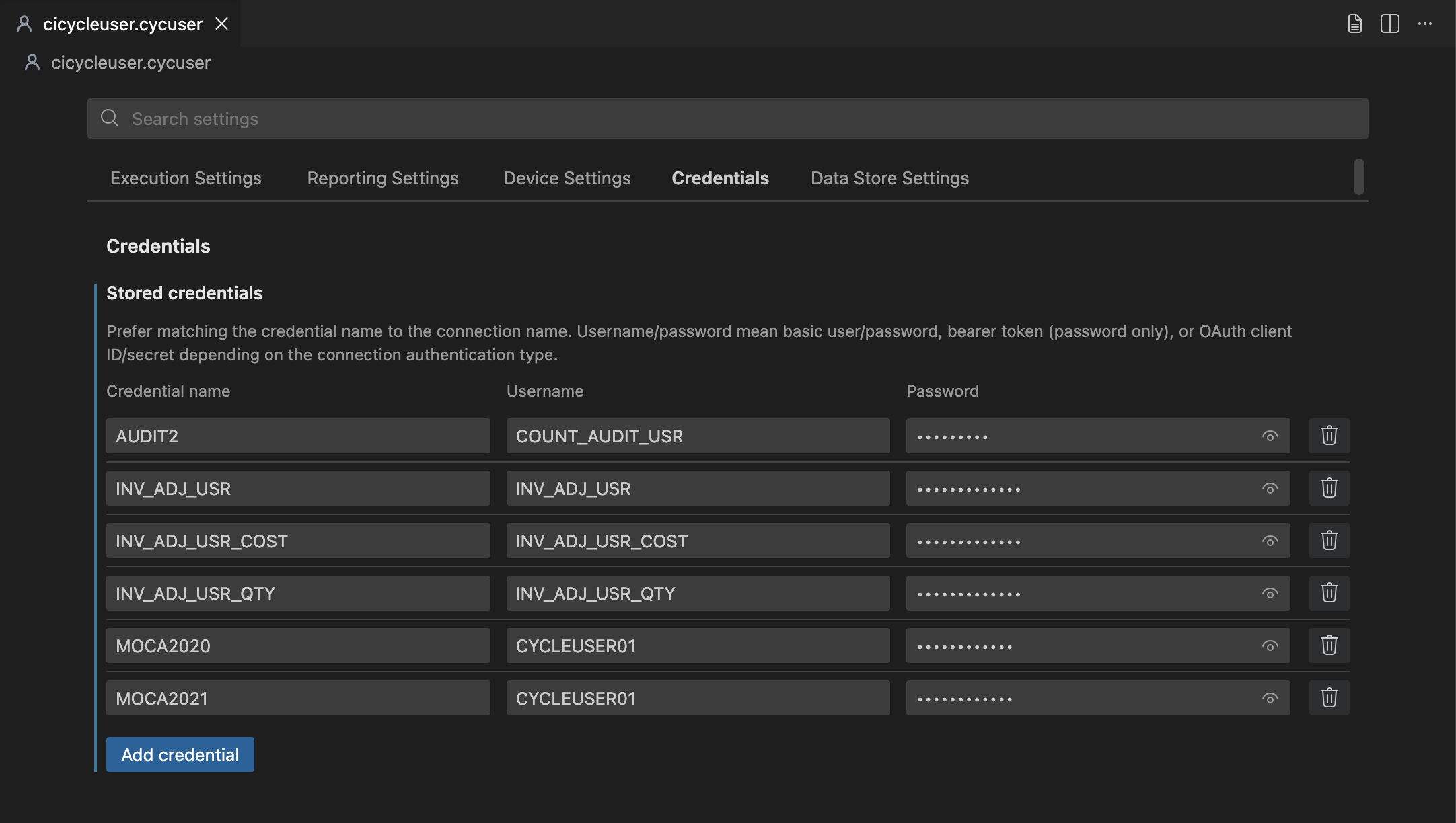 User Settings Credentials