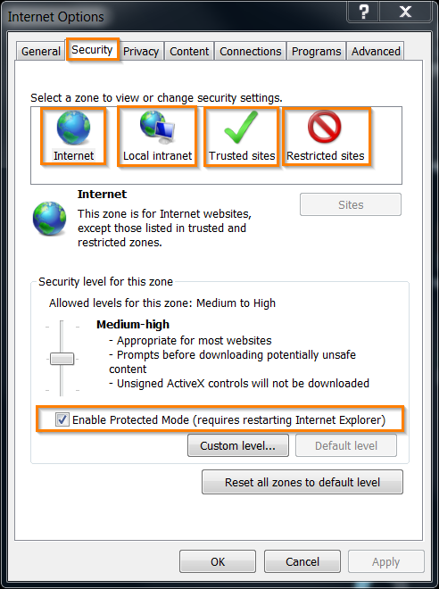 Internet Explorer security settings