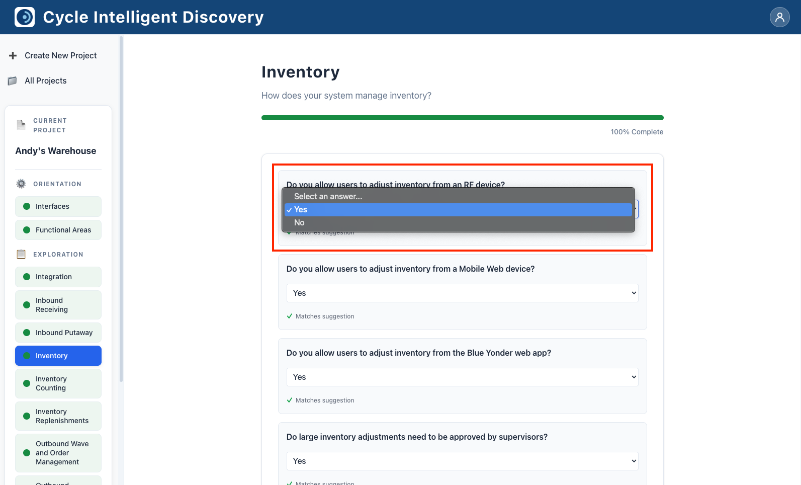 Area page showing questions with answers that can be modified