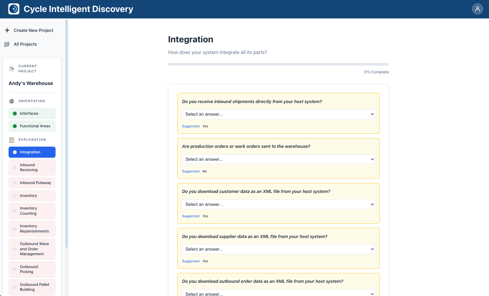 Area page showing a list of questions with answer choices