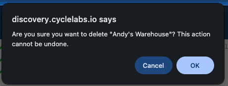 Delete confirmation dialog showing the project name and asking for confirmation