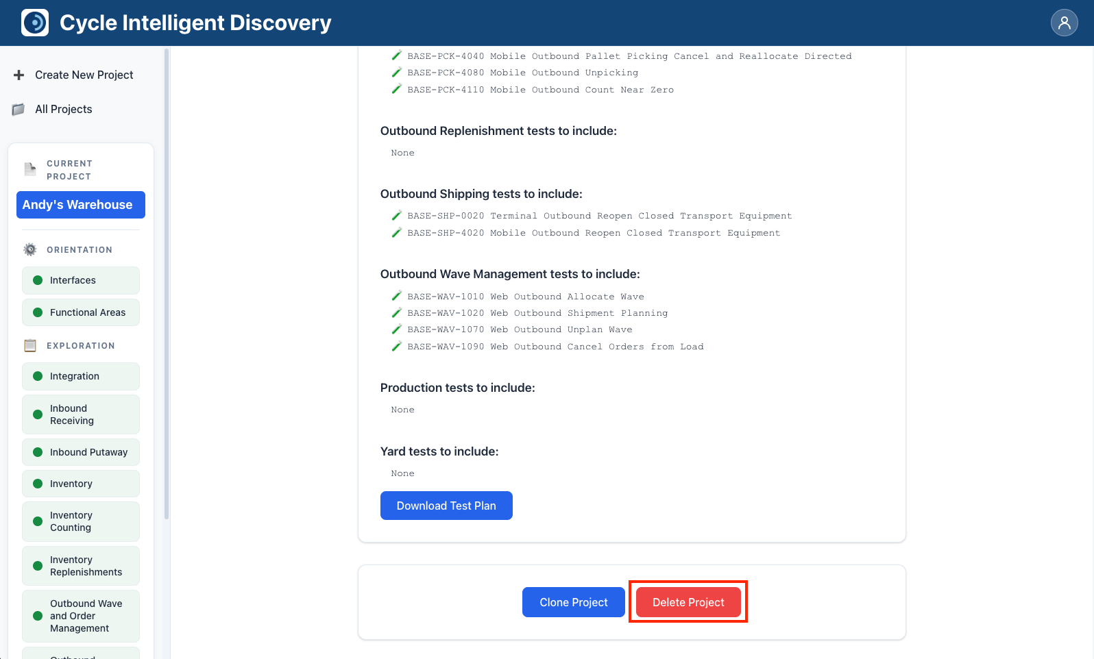 Delete Project button in the project header or actions area
