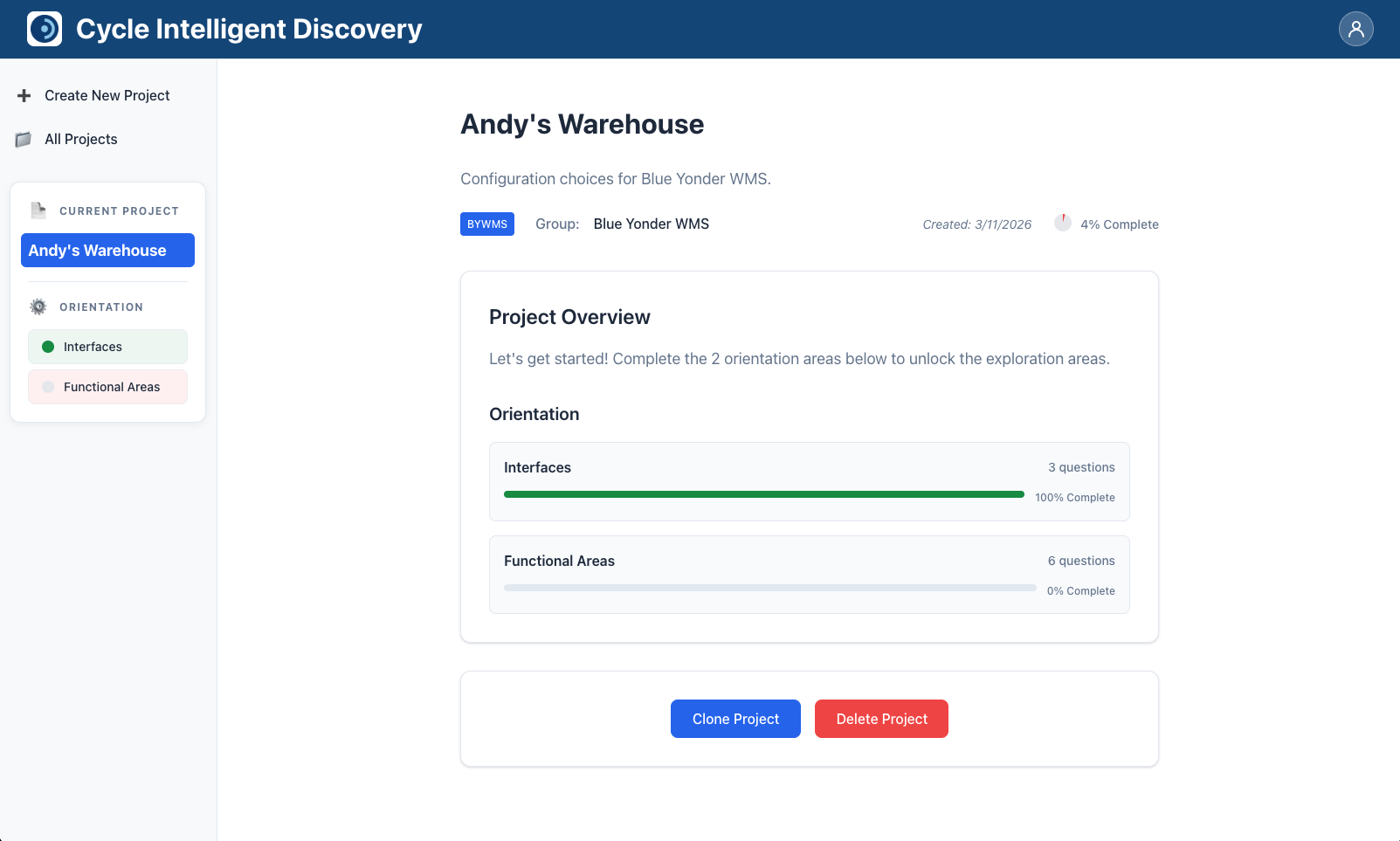 Project view showing orientation areas with progress indicators, before exploration areas are unlocked
