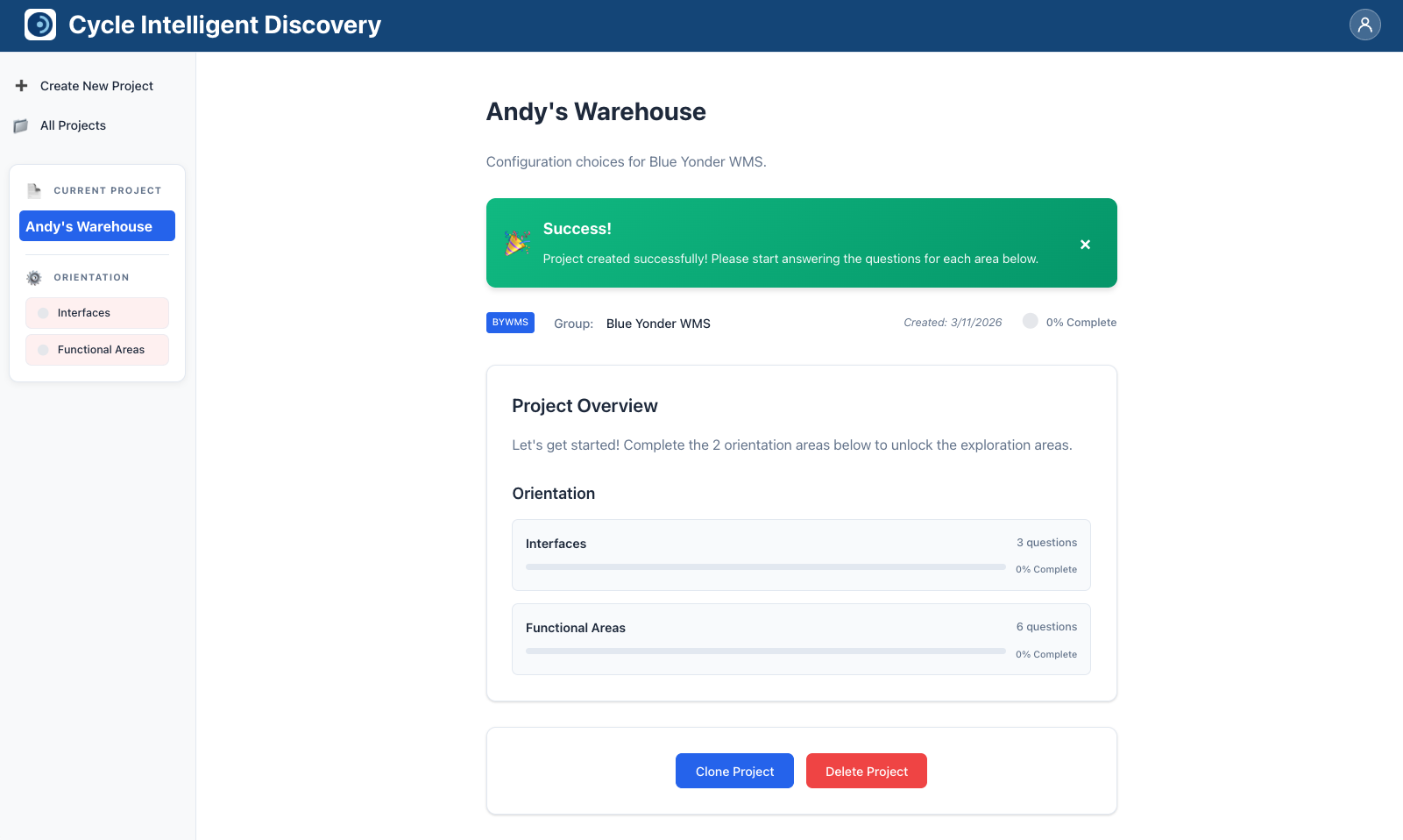 Project page immediately after creation, showing the orientation areas ready to be answered