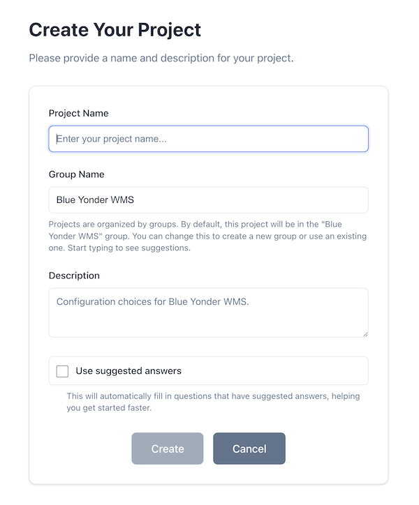 Project creation form showing all fields: Project Name, Group Name, Description, and Use suggested answers checkbox