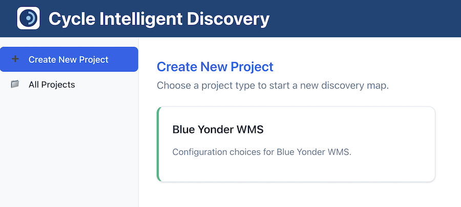 Project type selection screen showing the Blue Yonder WMS card with title and description