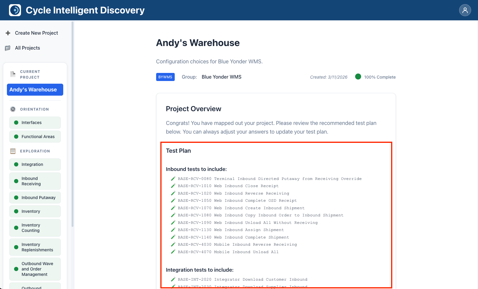 Test plan section on the project page showing areas and their associated test scenarios