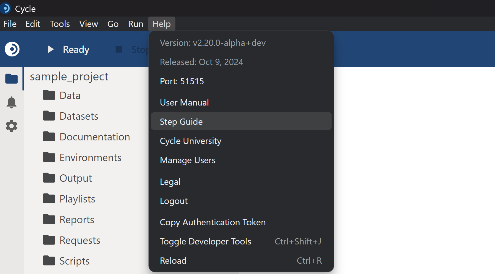 Opening the Step Guide from the Help menu