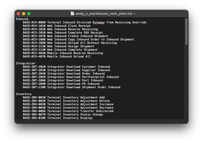 Downloaded test plan file opened in a text editor showing the format with area names and indented test scenarios