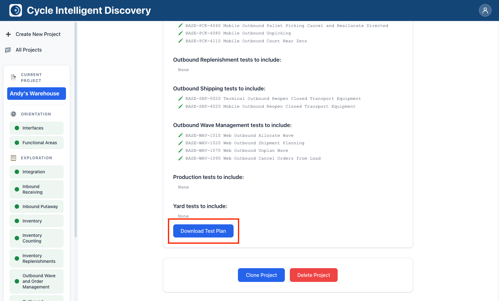 Download button for the test plan